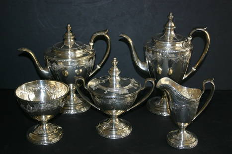 Five (5) piece Navarre Sterling 9403 coffee and tea: Five (5) piece Navarre Sterling 9403 coffee and tea set. Monogramed. 10 1/2" tallest. 206 grams.