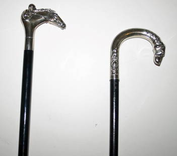 Two (2) Walking Sticks - 1 Man Riding Horse marked 925,: Two (2) Walking Sticks - 1 Man Riding Horse marked 925, 1 Hound (Head of a Dog).