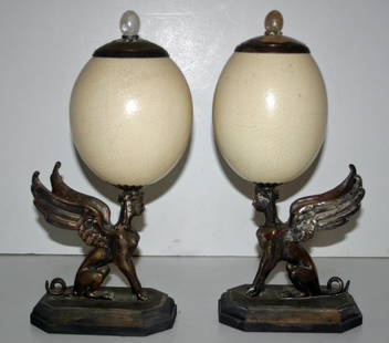 Pair of Silverplate Ostrich Eggs w/ Quartz Finials and: Pair of Silverplate Ostrich Eggs w/ Quartz Finials and Winged Griffins Signed Anthony Redmile.