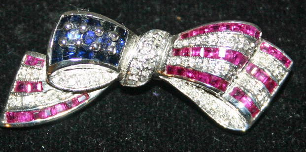 14k Gold Patriotic Flag Ribbon Pin w/ 5k of Rubies &: 14k Gold Patriotic Flag Ribbon Pin w/ 5k of Rubies & Sapphires & Diamonds.