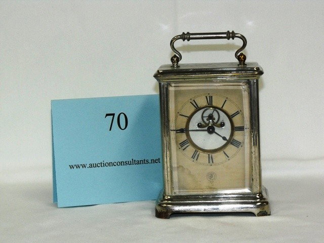 JEROME AND COMPANY CARRIAGE CLOCK, (CHIPPED CRYSTAL: JEROME AND COMPANY CARRIAGE CLOCK, (CHIPPED CRYSTAL), FAIR CONDITION, 4.5 X 6 X 3.25IN