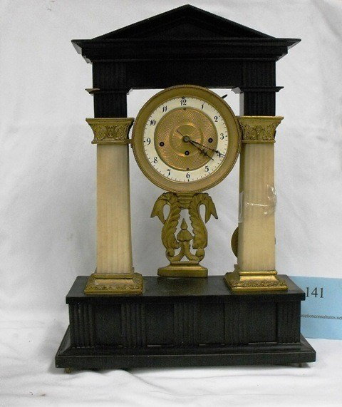COLUMN MANTLE CLOCK, (CHIPPED BASE, NO CRYSTAL), F: COLUMN MANTLE CLOCK, (CHIPPED BASE, NO CRYSTAL), FAIR CONDITION, 15.5 X 22 X 6IN