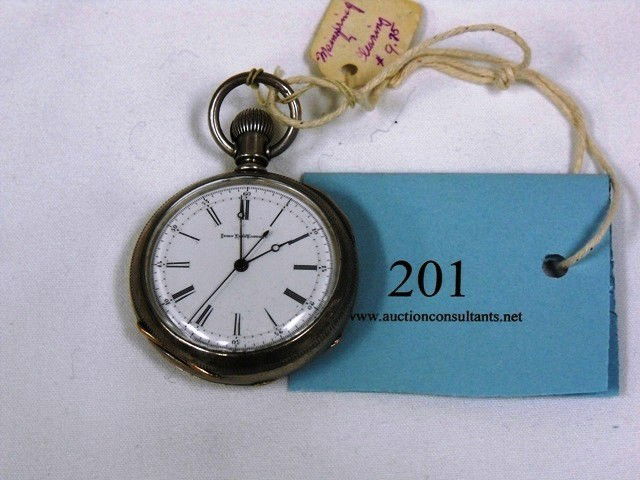 OPEN FACED POCKET WATCH, ELGIN NATIONAL WATCH CO.,: OPEN FACED POCKET WATCH, ELGIN NATIONAL WATCH CO., SN: 898105, CASE# 97645, STEM WOUND, LEVER SET, ROMAN NUMERALS, WHITE FACE, SILVER CASE
