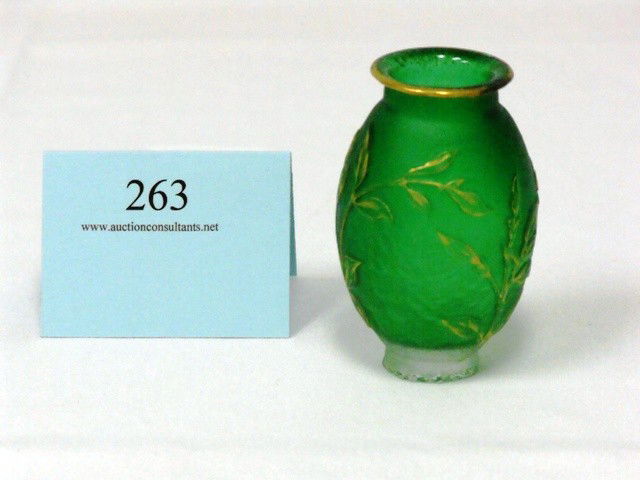 DAUM NANCY VASE, SIGNED, (SLIGHT CHIP TO BASE), 2.: DAUM NANCY VASE, SIGNED, (SLIGHT CHIP TO BASE), 2.5 X 3.5IN.