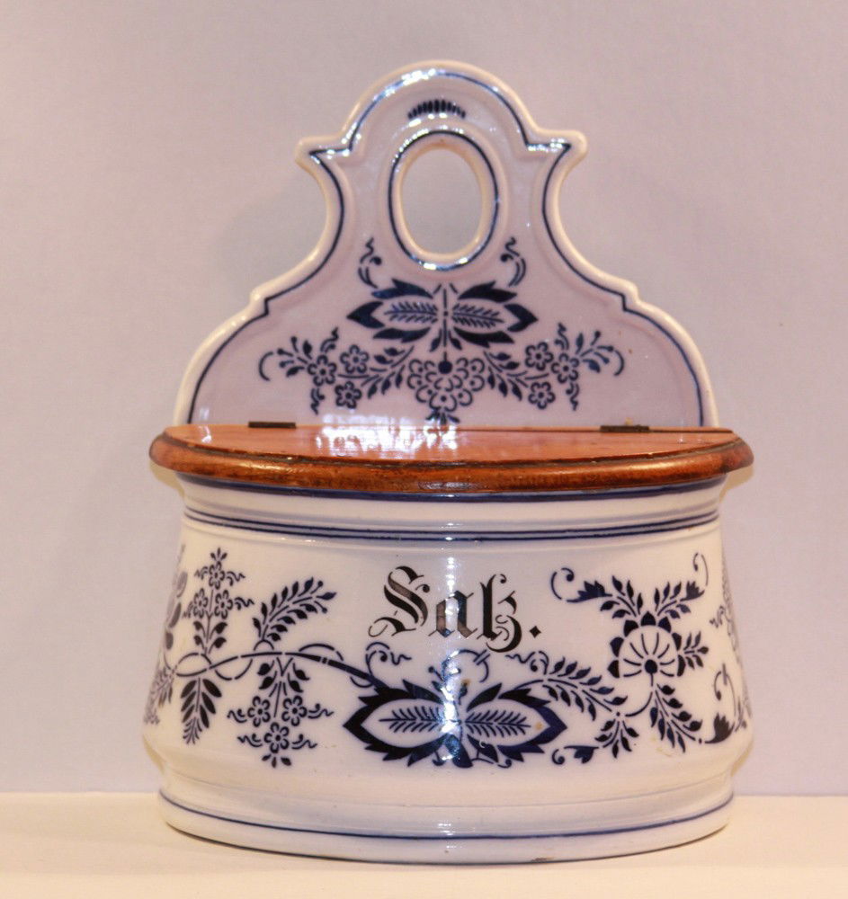 Blue and White German Salt Cellar wall mount: Blue and white German salt cellar wall mount - 9" tall, 7" wide. Good Cond.