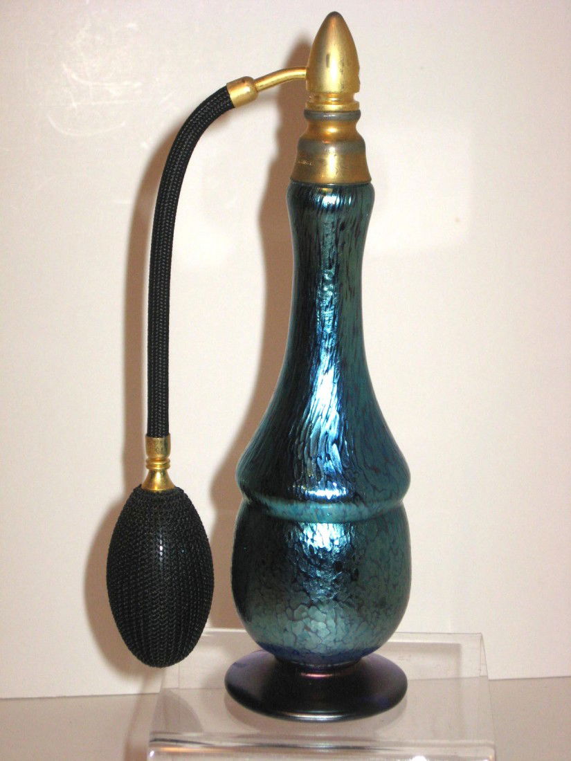 Rare Loetz blue atomizer: Rare Loetz blue atomizer - footed balluster form in irridescent blue with oil spot finish - 8" tall. Good cond.