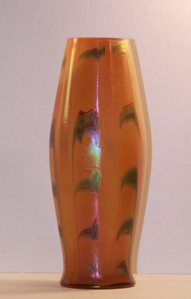Monumental Loetz art glass vase: Monumental Loetz art glass vase - Burnt orange ground color with ascending flag like decorations ranging from blue-green to magenta. 13 1/2" tall. Good cond.