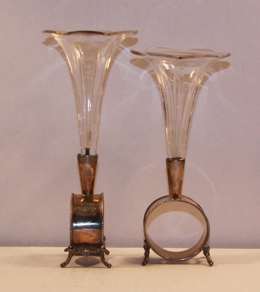 Marshall Fields Antique Store Purchased Silver Pla: Marshall Fields Antique Store Purchased Silver Plate Napkin Ring Bud Vases. Chips to Bud Vase.