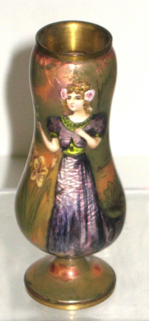 French enamel on copper vase,: footed cylindrical form decorated with a young lady in a purple dress, artist signed, 4 1/4" ht.