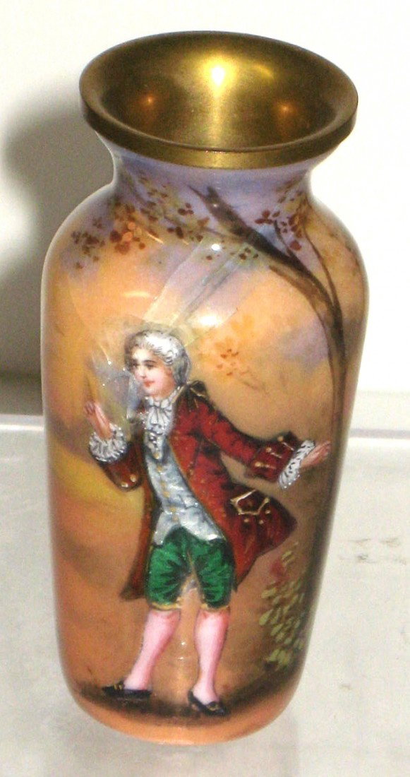 French enamel on copper vase,: cylindrical form decorated with a gentleman in a red coat, 3" ht.