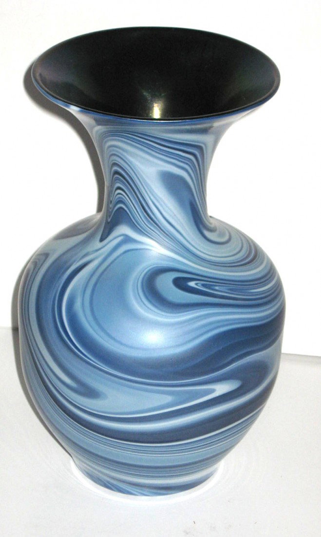 Imperial Free Hand marbleized vase,: bulbous urn form with a swirling blue and white marble finish, 9 3/4" ht. LITERATURE: see Imperial Glass Encyclopedia Volume II Nation Imperial Glass Collectors Society Edited by James Measell pages 4