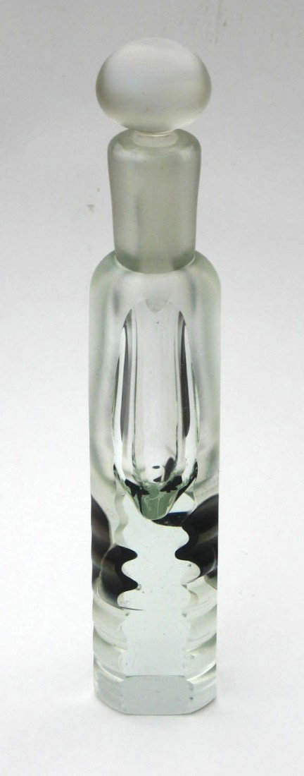 Joel Philip Myers perfume bottle,: rectangular form with faceted sides decorated with splashes of purple, ball stopper, signed Joel Philip Myers 1976, 9 1/2" ht.