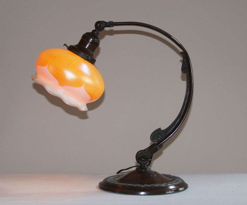 Handel Desk Lamp with Quezal Shade: Handel desk or Piano lamp with signed Quezal pulled feather butterscotch bell shaped shade. Lamp No. 5380 featured on page 54 of "The Handel Lamps Book" Hibel, et al. Both shade and base are in except