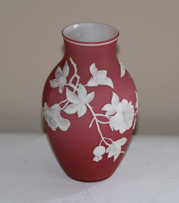 Bohemian Cameo Glass Vase in The Manner of Webb: Bohemian Cameo Glass Vase in The Manner of Webb, Cranberry body decorated with flowers and butterfly. Very Good Condition with N0 chips or cracks.