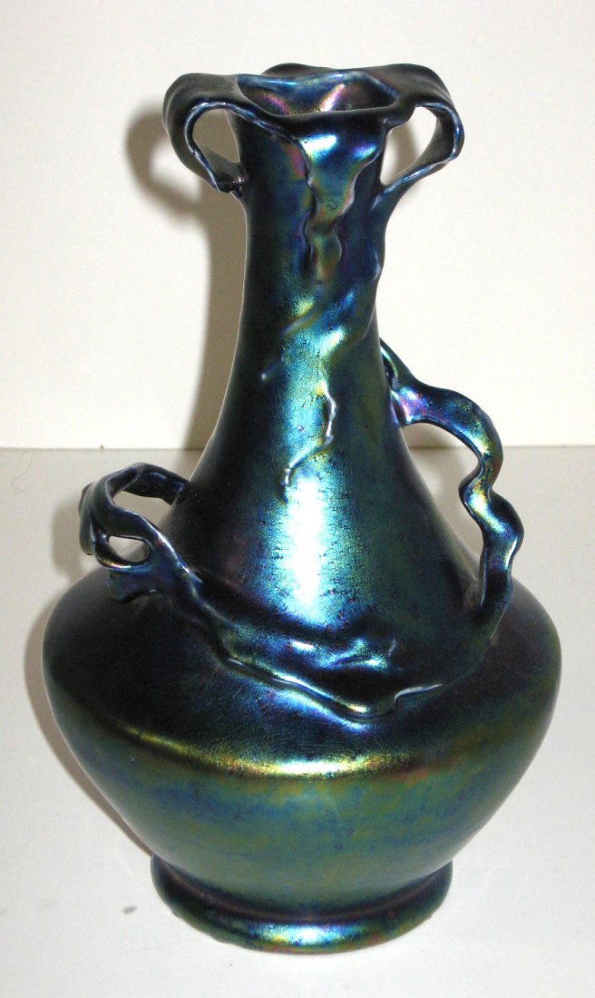 Large Austrian iridescent pottery vase,: bulbous stick form with organic elements of branching handles in an iridescent blue glaze, attributed to Zsolnay, 9" ht. Condition: good no damage