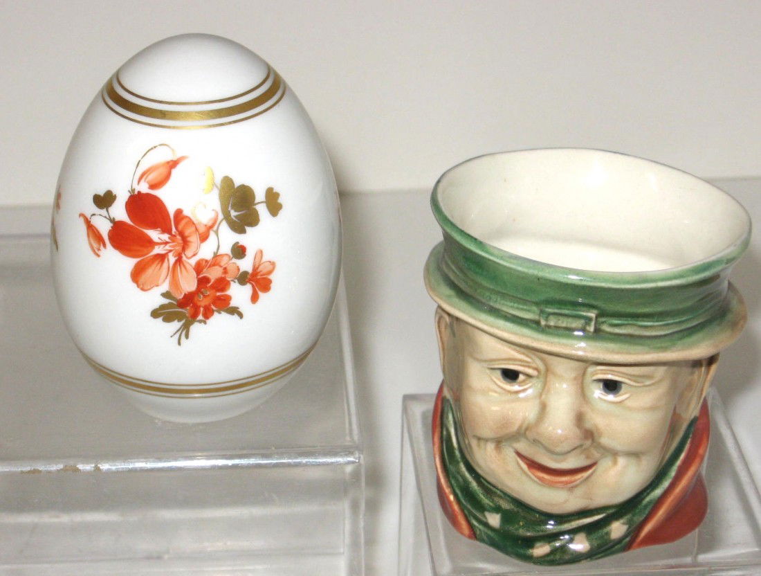 Two European porcelain items,: including a KPM decorated egg, TOGETHER with a Beswick Toby mug, tallest 3 1/2" ht. Condition: good with no damage.