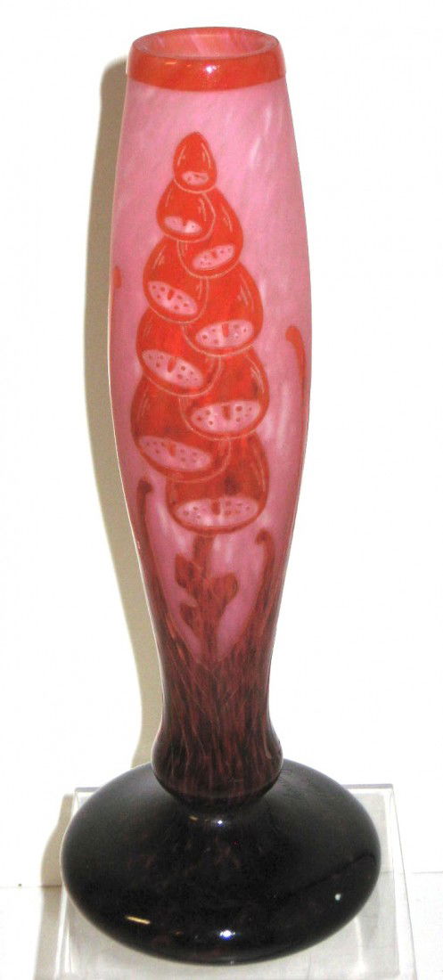Charder Le Verre Francais cameo vase,: footed stick form in mottled pink decorated with ruby bell flowers in the Digitale pattern, signed Charder Le Verre Francais and acid stamped France on the bottom, 9 1/2" ht. LITERATURE: see Schneider