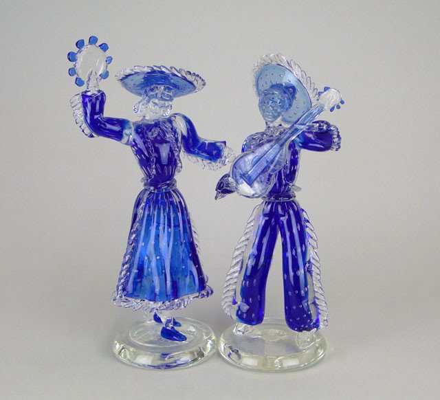 ANTIQUE MURANO LARGE SPANISH COUPLE: ANTIQUE MURANO LARGE SPANISH COUPLE Mariachi Playing Guitar and his Lady Dancing with Tambourine in a Encased Cobalt Blue Controlled Bubble Design Color Each Being Approximately 12-1/2 Inches Tall Ver