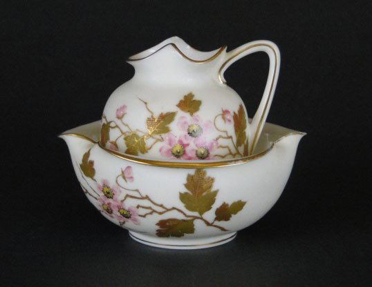 RARE OTT And BREWER AMERICAN BELEEK: RARE OTT And BREWER AMERICAN BELEEK Approximately 3 Inch Tall Creamer and 4 Inch Wide Sugar Bowl with Gold Raised Relief Flowers from The Most Prolific American Beleek Factory Ott and Brewer, shipping