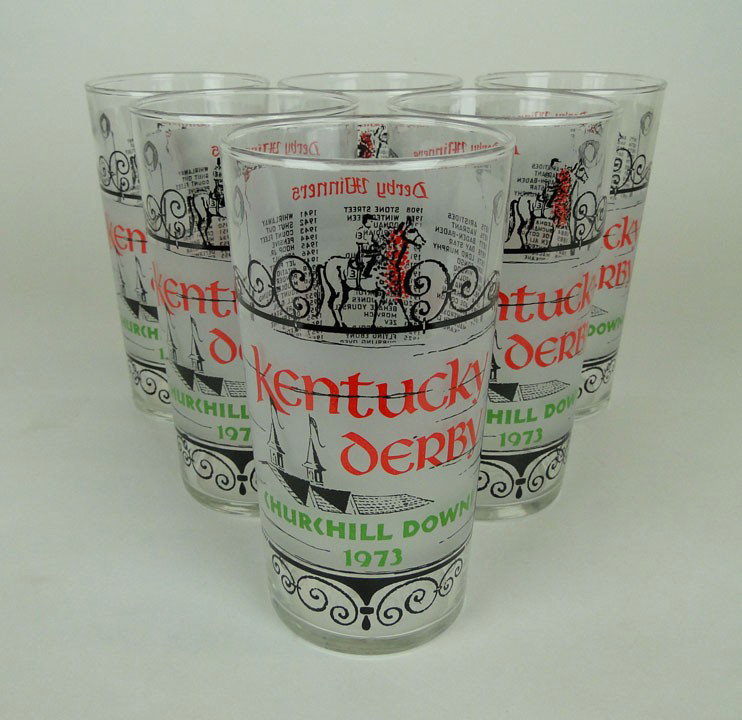 1973 KENTUCKY DERBY GLASSES SECRETARIAT'S DERBY: 1973 KENTUCKY DERBY GLASSES SECRETARIAT Kentucky Derby Glasses Derby the Winner was Secretariat in Original Box, SHIPPING TO BE $40 U.S