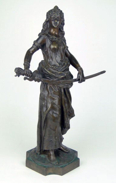 19 CENTURY BRONZE LADY BY CHARLES LEVY: 19C BRONZE LADY BY CHARLES LEVY Signed Charles Octavia Levy to base French Artist 1820-1899 Depicting an French Queen Holding Big Sword Approximately 21 Inches Tall, WE WILL NOT SHIP THIS ITEM BUT CAN