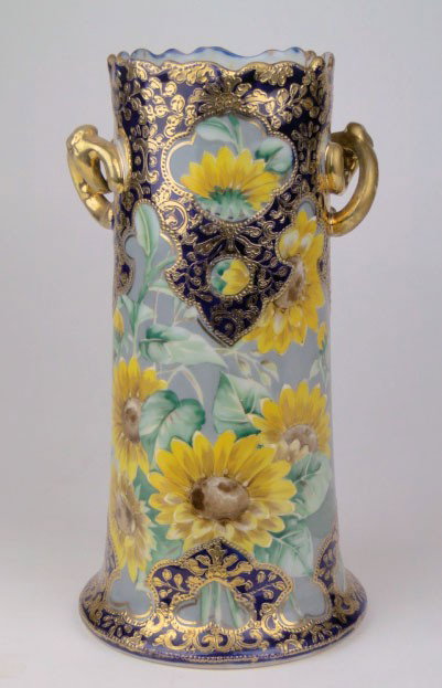 LARGE ANTIQUE NIPPON FLORAL PAINTED VASE: LARGE ANTIQUE NIPPON FLORAL PAINTED VASE aprox 14" tall, 2 gold handles, light blue ground with cobalt and raised gold, SHIPPING U.S TO BE $40