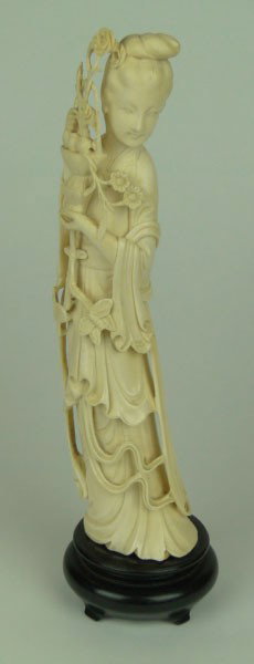 LARGE 19TH CENTURY IVORY OF QUAN YIN: LARGE 19C IVORY OF QUAN YIN Carved from One Tusk Holding Flower Bouquet Circa 1890's Approximately 12 Inches Tall Excellent Condition, SHIPPING U.S TO BE $65