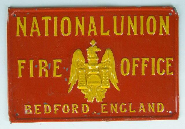 19C BEDFORD ENGLAND FIREMARK: 19C BEDFORD ENGLAND FIREMARK For the England National Union Society with Eagle and Castle Logo Minor Creases to Edge and Minor Paint Loss Measures 8 Inches Tall 12 Inches Wide, SHIPPING U.S $30