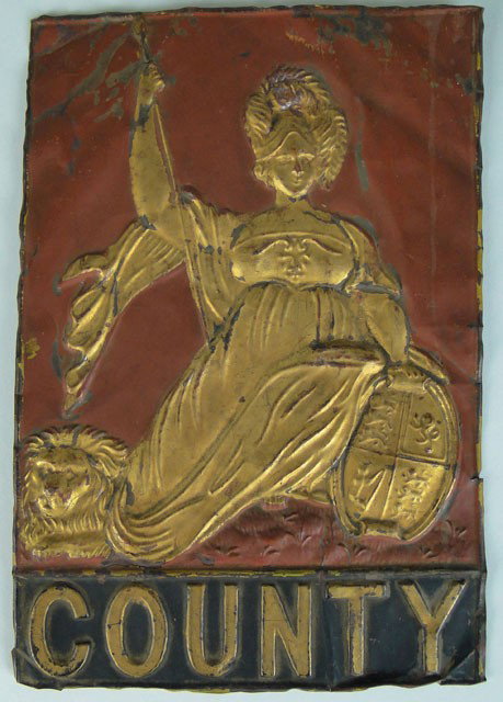 19TH CENTURY ENGLISH FIREMARK: 19C ENGLISH FIREMARK English County fire Office Stamped Copper with Britannia Logo Paint & Gilt Finish Dents Creases and Paint Loss Measures 9-1/2 Inches tall & 6 Inches Wide, SHIPPING U.S TO BE $30