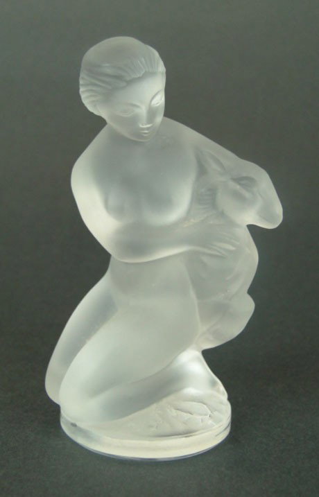 LALIQUE NUDE WITH RABBIT: LALIQUE NUDE WITH RABBIT Frosted nude holding rabbit signed to base Approximately 4-1/2 Inches Tall, created in 1960 by Marie Claude lalique, SHIPPING U.S TO BE $20 PLUS INS