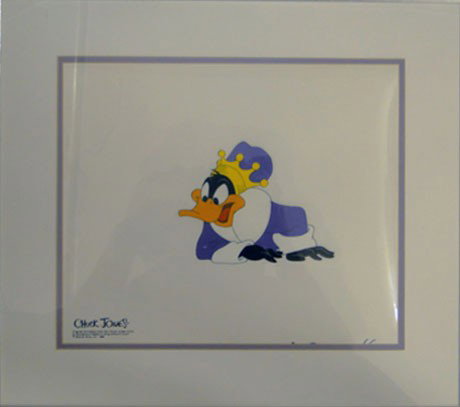 CHUCK JONES WARNER BROTHERS DAFFY DUCK CELL: CHUCK JONES WARNER BROTHERS DAFFY DUCK CELL Original Cel from the Movie Conneticut Rabbet in King Arthurs Court Warner Brothers 1980 Chuck Jones Daffy Duck cel with Certificate Measures 12 Inches Wide