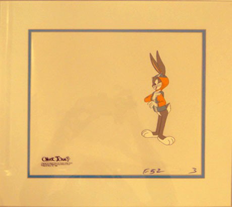 CHUCK JONES WARNER BROTHERS BUGGS BUNNY CEL : CHUCK JONES WARNER BROTHERS BUGGS BUNNY CEL Original Cel from the Movie Conneticut Rabbet in King Arthurs Court Warner Brothers 1980 Chuck Jones Buggs Bunny cel with Certificate Measures 12 Inches Wid