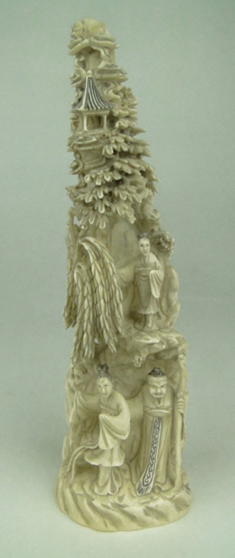 ANTIQUE IVORY CHINESE GROUPING : ANTIQUE IVORY CHINESE GROUPING 1/2 of a Tusk depicting a Plateau Village Scene with 3 Figures Circa 1920's Signed in Red to Base and Black & Red to Back Approximately 9 Inches Tall, SHIPPING U.S ONLY 