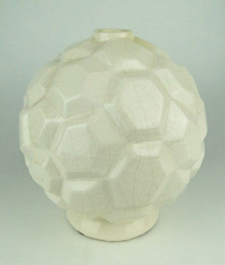 ART DECO FRENCH WHITE POTTERY VASE: ART DECO FRENCH WHITE POTTERY VASE in Spherical Design Approximately 9-1/2 Inches Tall Very Good Condition Much Crazing, SHIPPING U.S. TO BE $40 PLUS INS