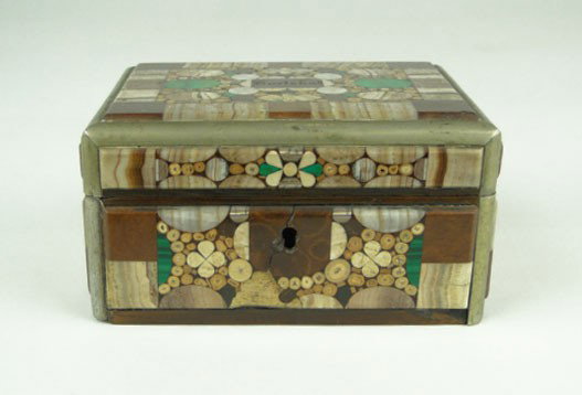 ANTIQUE GEMSTONE LIDDED BOX: ANTIQUE GEMSTONE LIDDED BOX Austrian Circa 1880's Inset with Malachite, Carnelian, and Soap stone Inscribed Carlsbad Approximately 4 Inches Long 2-3/4 Inches Wide Very Good Condition,SHIPPING U.S. TO 