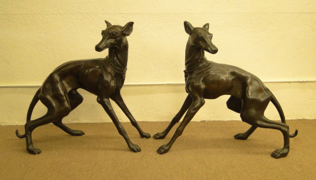 PAIR OF LARGE BRONZE WHIPPETS: PAIR OF LARGE BRONZE WHIPPETS Each One Stands Approximately 30 Inches Tall and approximately 29 Inches Long No Apparent Signature Excellent Condition, WE WILL NOT SHIP THIS LOT CAN REFER LOCAL SHIPPER