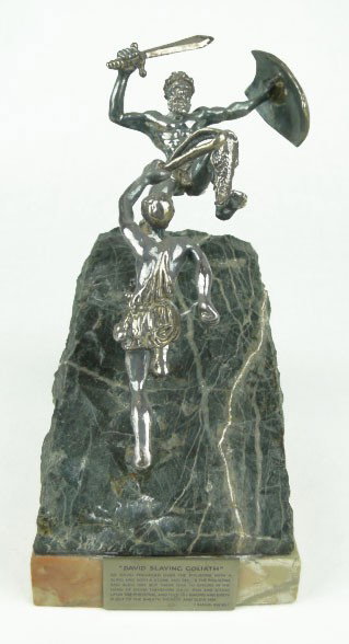 YAACOV HELLER STERLING FIGURINE DAVID SLAYING GOLI: YAACOV HELLER STERLING FIGURINE DAVID SLAYING GOLIATH Mounted on Rouge Marble Base & Granite Rock Silver Overlay Figurine Measuring 6-1/2 Inches Tall 5 Inches Wide Excellent Condition, SHIPPING U.S. T