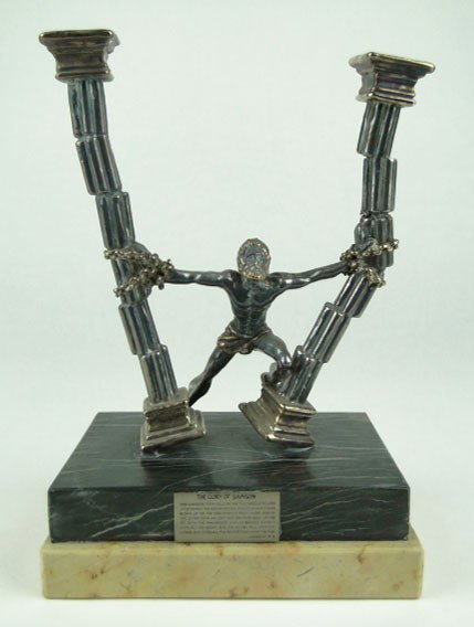 YAACOV HELLER STERLING FIGURINE GLORY OF SAMSON: YAACOV HELLER STERLING FIGURINE GLORY OF SAMSON Mounted on Black Marble on Top of Beige Marble Silver Overlay Figurine Measures 6 Inches Tall & 5 Inches Wide Excellent Condition, SHIPPING U.S. TO BE $