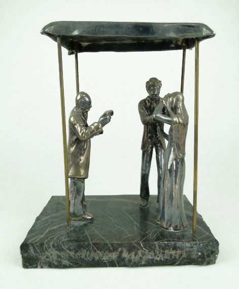 YAACOV HELLER STERLING FIGURINE UNDER THE CHUPPA: YAACOV HELLER STERLING FIGURINE UNDER THE CHUPPA Mounted on Granite Signed Silver Overlay Figurine Standing 7 Inches Tall Plus One Inch Granite Base , SHIPPING U.S. TO BE $55 PLUS INS