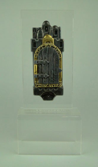 STERLING & GOLD PLATED LARGE MEZUZAH: STERLING & GOLD PLATED LARGE MEZUZAH Silver Overlay with Gold Plate Mezuzah is 7 Inches Tall Mounted on an 11 Inch Lucite Base Excellent Condition, SHIPPING U.S. TO BE $25 PLUS INS