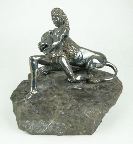 YAACOV HELLER STERLING JUDAS MACCABEUS FIGHTING LI: YAACOV HELLER STERLING JUDAS MACCABEUS FIGHTING LION Judas Fighting the Lion Mounted on 2-1/2 Inch Piece of Granite Figures Measures 7 Inches Across and 5 Inches Tall, SHIPPING U.S. TO BE $35