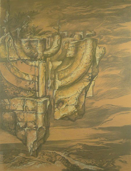 SAMUEL BAK MENORAH LITHOGRAPH MENORAH": SAMUEL BAK MENORAH LITHOGRAPH Listed Artist Samuel Bak "Menorah" 1977 Lithograph Artist Proof Measures 33 Tall by 25 Wide Plus Frame. Signed Lower Right. Born on August 12, 1933 in Vilna, which is now