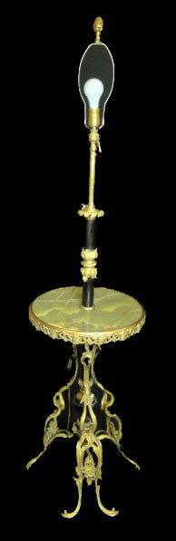 ANTIQUE ART NOUVEAU STYLE ONYX & BRONZE LAMP TABLE: ANTIQUE ART NOUVEAU STYLE ONYX & BRONZE LAMP TABLE on 3 Reticulated Bronze Legs Mid Century Standing 66 Inches Tall to Finial Excellent Condition, WE WILL NOT SHIP THIS ITEM, CAN REFER LOCAL SHIPPER