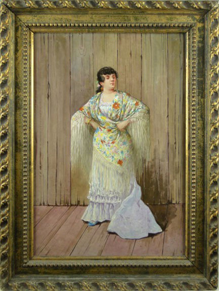 HAND PAINTED ANTIQUE FRENCH SPANISH LADY PLAQUE: HAND PAINTED ANTIQUE FRENCH SPANISH LADY PLAQUE Hand Painted Turn of the Century of a Standing Spanish Woman Pickman Sevilla Incised to Back Medallia Ord Paris Frame Measures 17-1/2 wide 24 Tall Plaqu