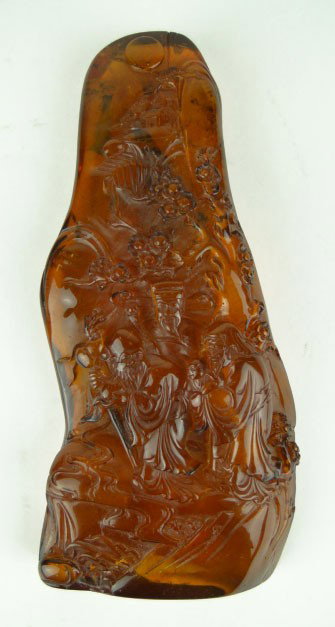 ANTIQUE CHINESE CHERRY AMBER BLESSING FOSSIL: ANTIQUE CHINESE CHERRY AMBER BLESSING FOSSIL Carved into a God of Happiness and One God of Long Life Fossilized Remains Can be Seen From the Back Measures 9-1/2 Inches Tall & 4 Inches Wide to Base Ver