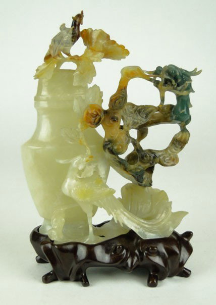 ANTIQUE JADE & SOAPSTONE CARVING COVERED VASE with: ANTIQUE JADE & SOAPSTONE CARVING COVERED VASE with Bird of Paradise Finial & Dragon Adornment Standing Approximately 7-1/2 Inches Tall comes in a rosewood Fitted 1 Inch Base Several Very Small Losses,