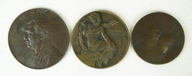 3 BRONZE COIN MEDALLIONS: 3 BRONZE COIN MEDALLIONS First has Two People Heads Together Under them "ovide yencesse D'apres Eugene Carriere" Inverso "Conciliation Internationale" Under the Flowers "aux mineurs allemands accourus