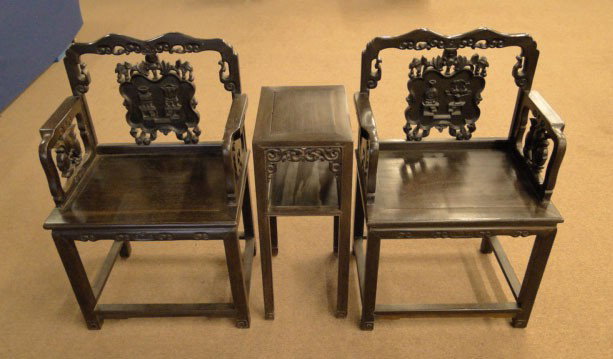 19TH CEN OLD CHICKEN WING WOOD CHINESE CHAIRS & T: 19C OLD CHICKEN WING WOOD CHAIRS & TABLE Set is Carved Palatial Chairs & Table Out of Old Chicken Wing Wood Chairs Stand 40 Inches Tall & 26 Inches Wide Carved with Fruit & Vases Excellent Condition, 