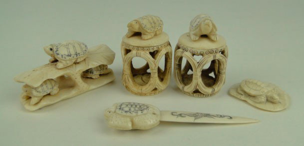 5 PCS ANTIQUE CHINESE CARVED BONE TURTLES: 5 PCS ANTIQUE CHINESE CARVED BONE TURTLES Consisting of 2 Turtle on Garden Seats, Another on on a Lilly Pad with 2 Turtles Hiding UnderneAth, a Letter Opener and a Turtle on a Lily Pad, SHIPPING U.S T