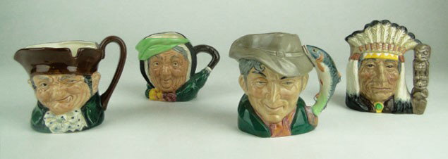 4 SMALL ROYAL DOULTON TOBY MUGS: 4 SMALL ROYAL DOULTON TOBY MUGS Consisting of Toby Mug of "The Poacher" "The North American Indian", Toby Mug "Old Charlie", Toby Mug of "Sairey Gamp", shipping us. $25 plus ins